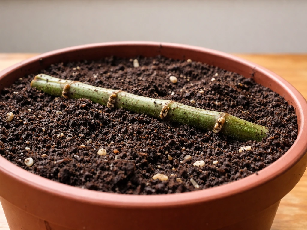 A plant cutting laid horizontally in a pot with several nodes covered by moist soil.