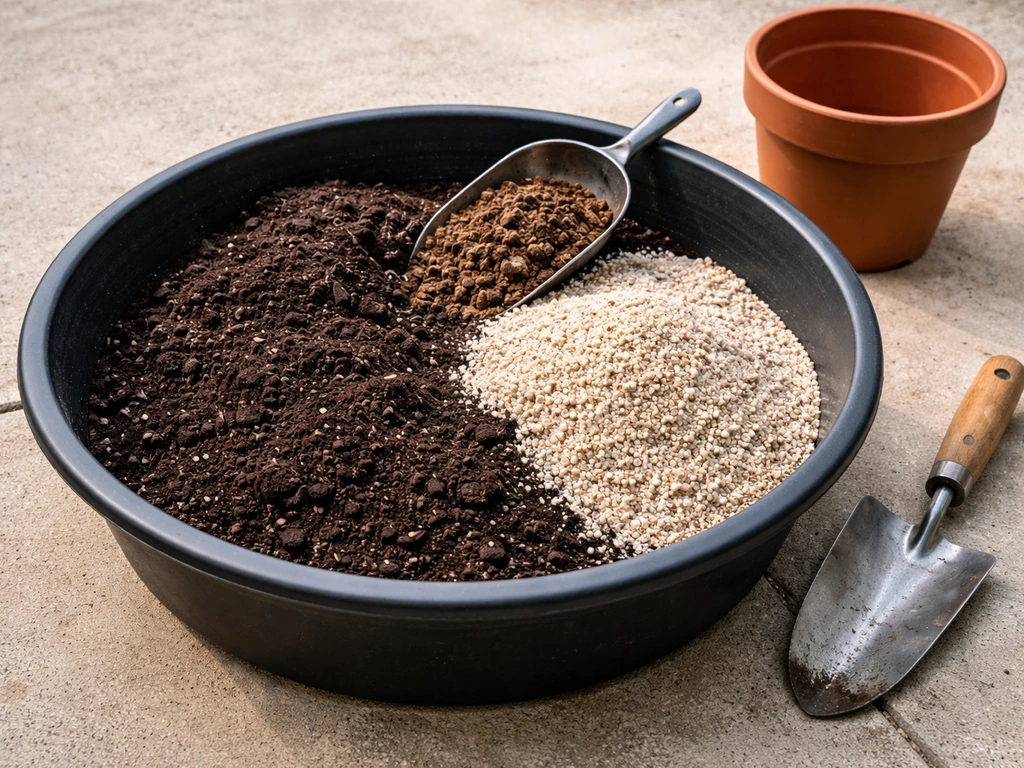 Close-up of potting soil, compost, and perlite mixed in a bowl beside a planting pot for container sugarcane.