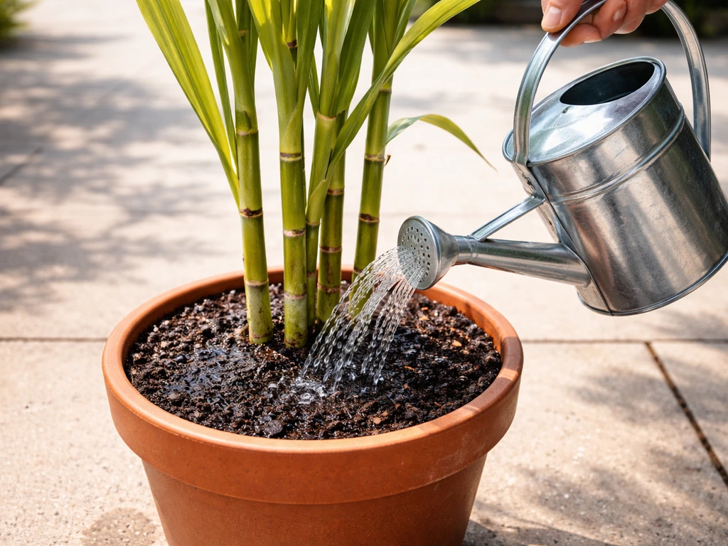 Hand watering a potted sugarcane in bright sun, moist soil visible and healthy green leaves above.