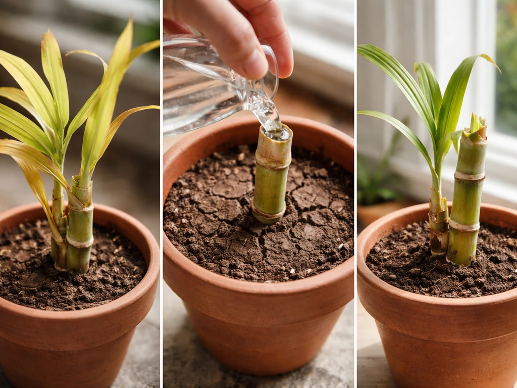 Minimal collage of sugarcane container issues: yellow leaves, dry soil, and a failed cutting with quick fixes.