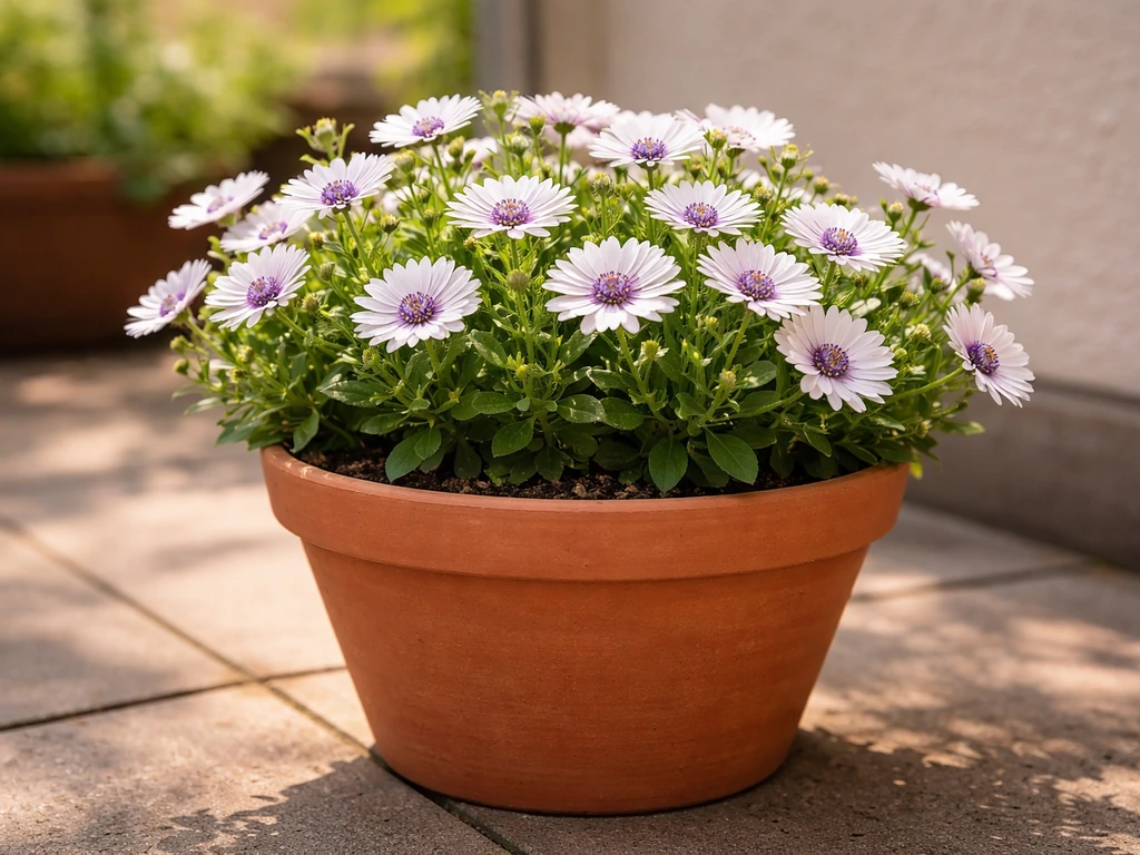 Thriving white and purple osteospermum blooming in a large patio pot on a sunny balcony