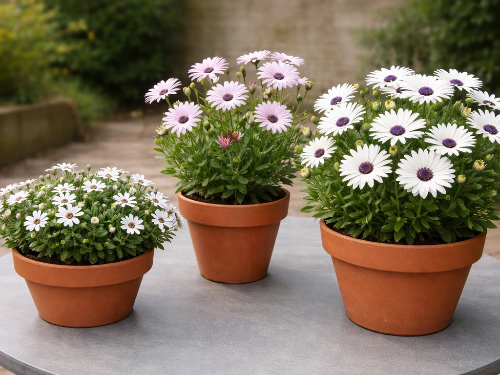 Three potted osteospermum plants with different flower sizes in a small patio container garden.
