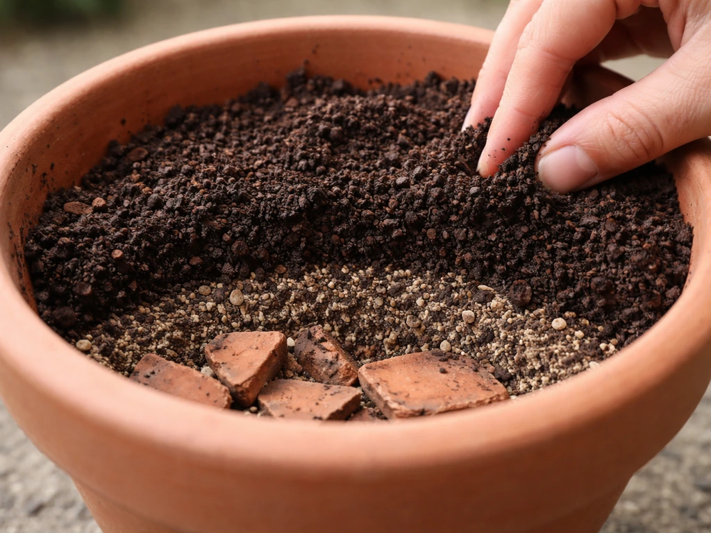 Close-up of layered terracotta crocks and fresh potting mix in a container ready for planting.