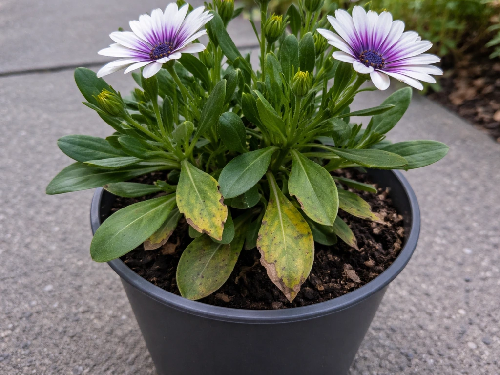 Close view of an osteospermum in a pot with yellowing leaves and mild mildew-like speckling.