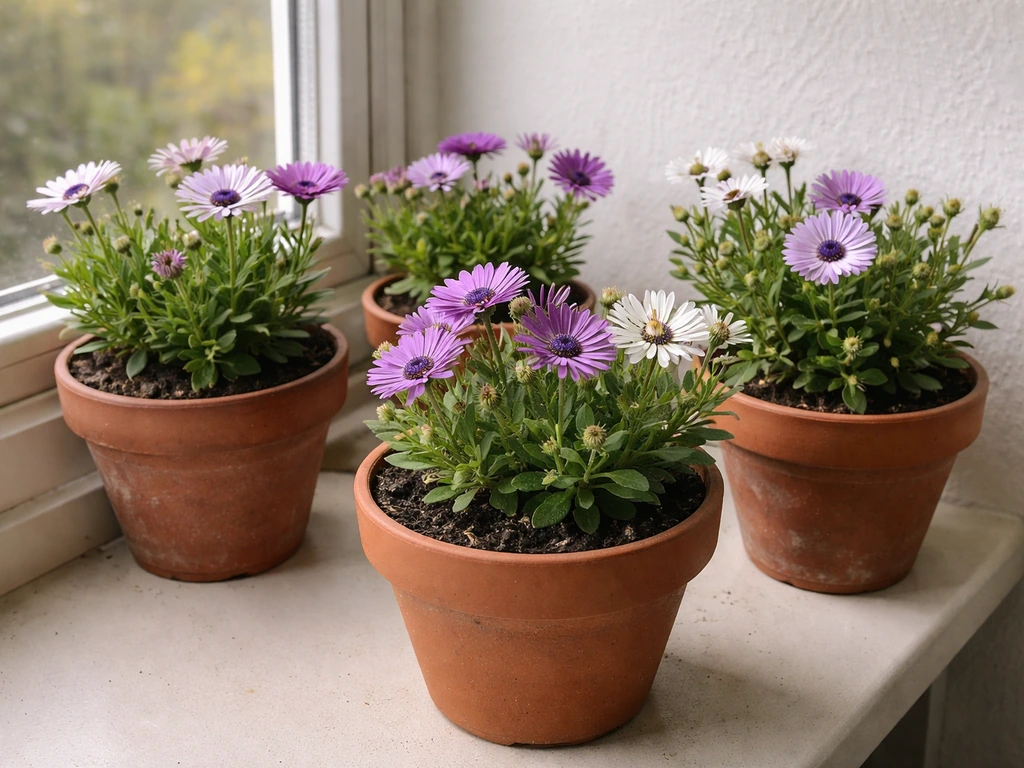 Potted osteospermum plants in a sheltered indoor spot near a window before replanting.