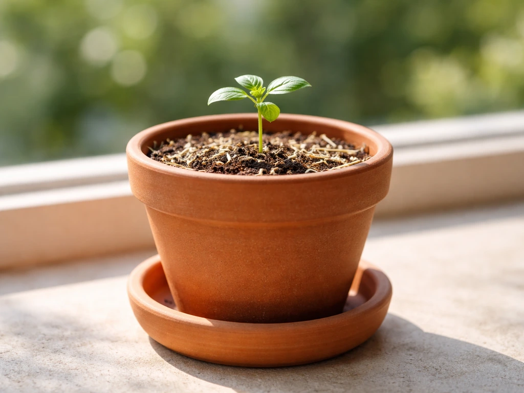 Small herb seedling in a ceramic pot with saucer on a bright patio/window, showing proper setup.