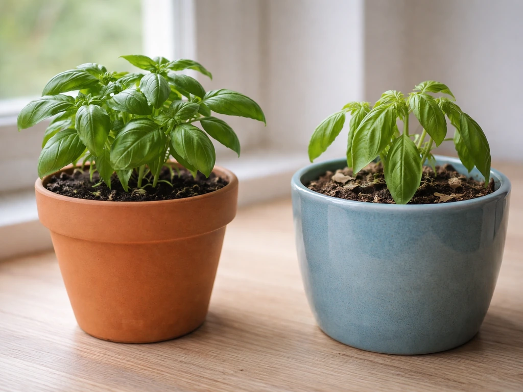 Split-view style photo of healthy herb in ceramic pot versus a stressed plant in another glazed ceramic pot.