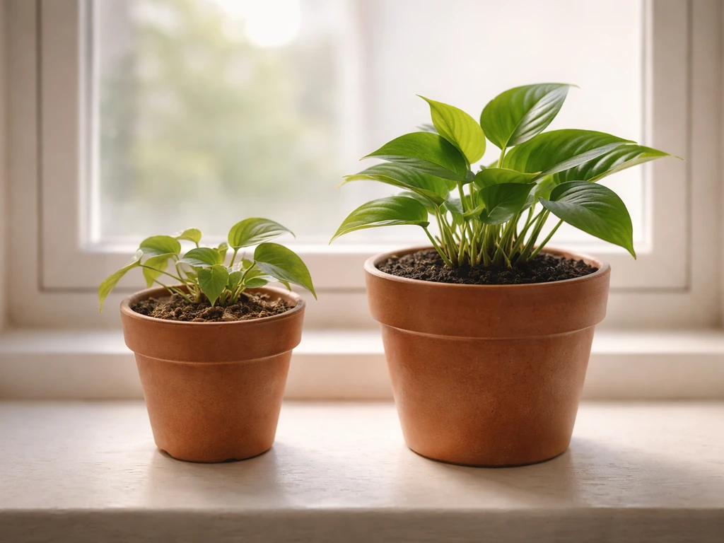 Small dry ceramic pot next to a larger properly sized pot with moister soil and healthier leaves.