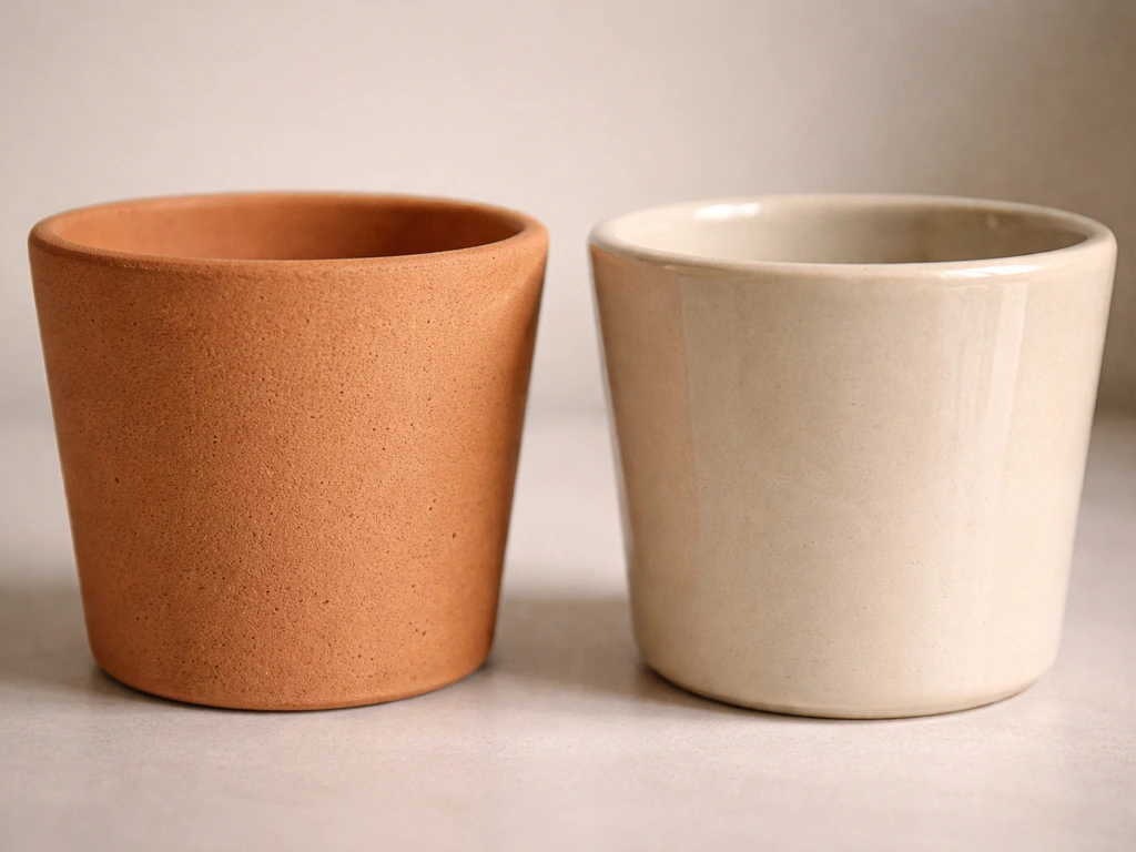 Two ceramic pots side-by-side: rough matte unglazed on one side and smooth glossy glazed on the other.