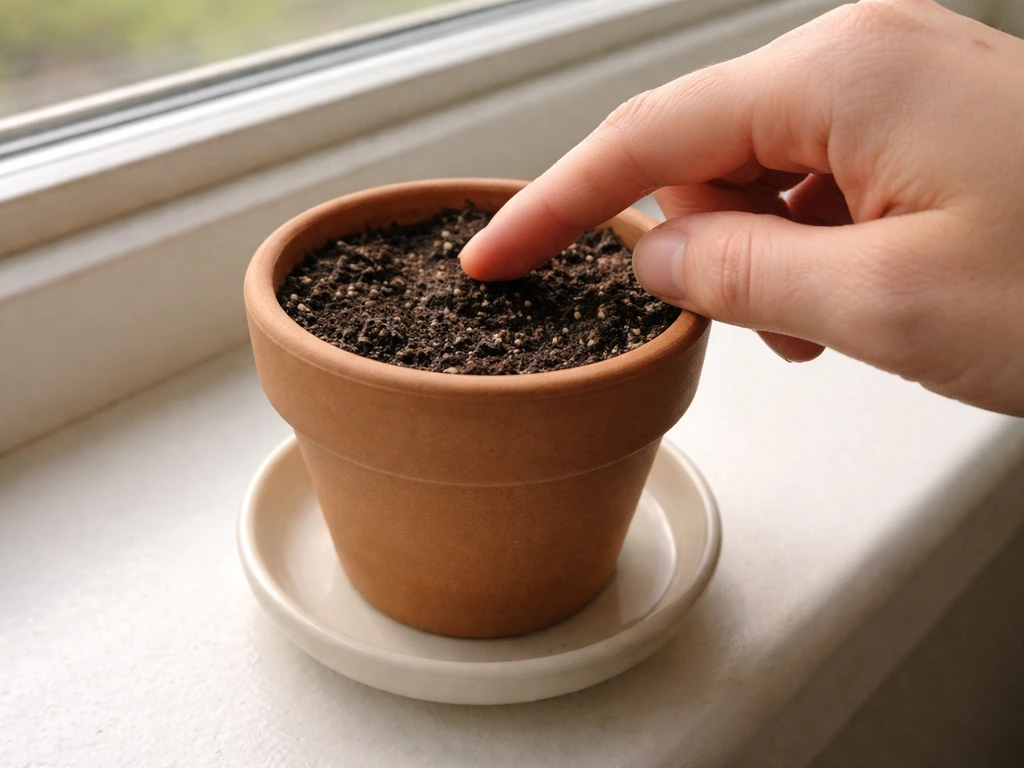 Hand checks moisture in an unglazed ceramic pot’s soil above a saucer catching runoff.