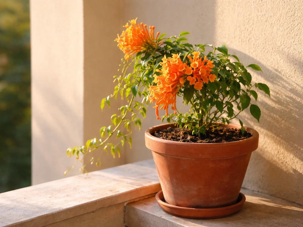 Flame vine in a terracotta pot on a sunny balcony ledge with direct warm light on the plant.