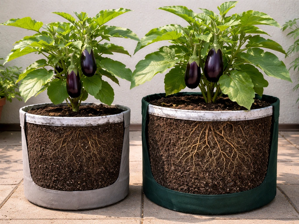 Two aubergine pots side-by-side showing different container sizes and visible soil depth space.