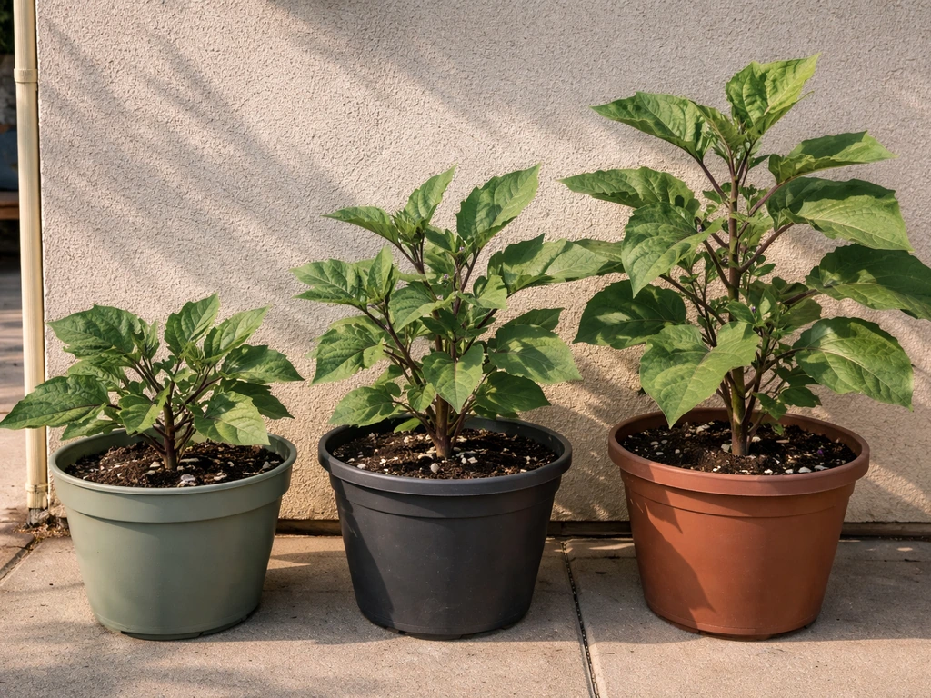 Compact aubergine plants in separate pots on a sun-facing patio wall, showing different plant sizes.