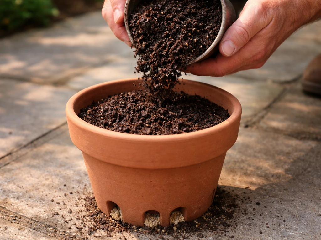 Peat-free potting compost being poured into a pot with drainage holes for container planting