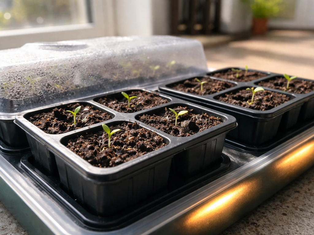 Seedling trays on a heated propagator, aubergine seeds just starting to sprout in warm soil.