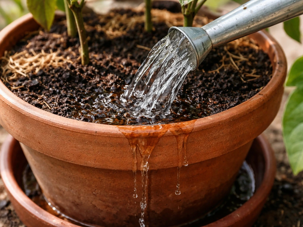 Watering container aubergines: watering can pours onto compost, runoff visible from the pot.