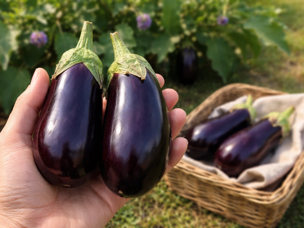 Glossy, ripe aubergines on the plant and a simple basket for fresh storage, minimal kitchen-garden scene.