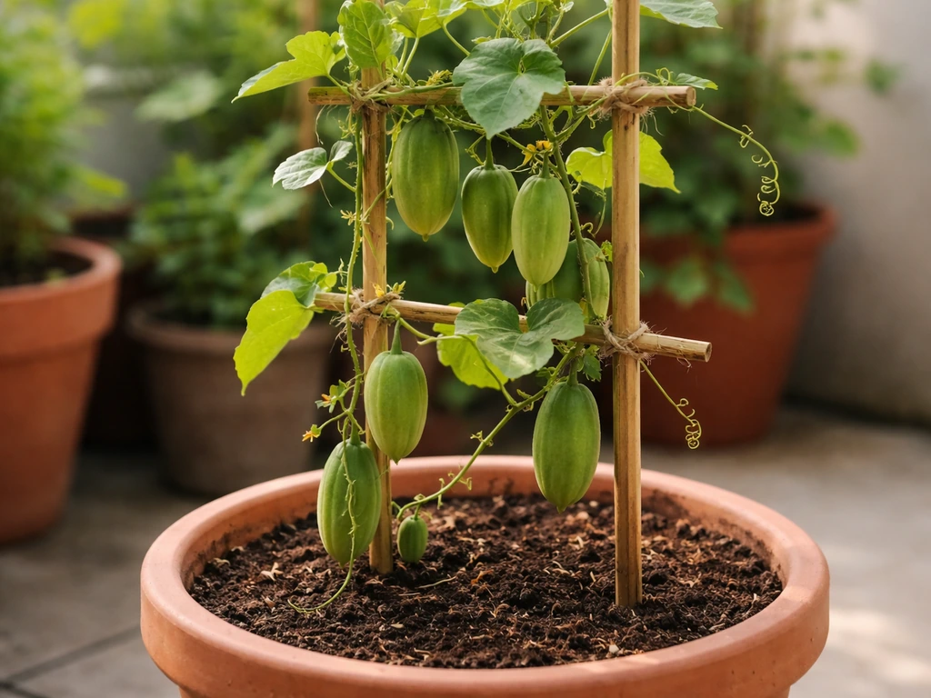 Healthy tinda vine growing in a pot on a small trellis with small fruits ripening
