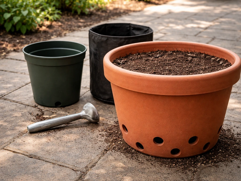 Side view of a large pot with multiple drainage holes next to smaller drainage pots for vining tinda setup