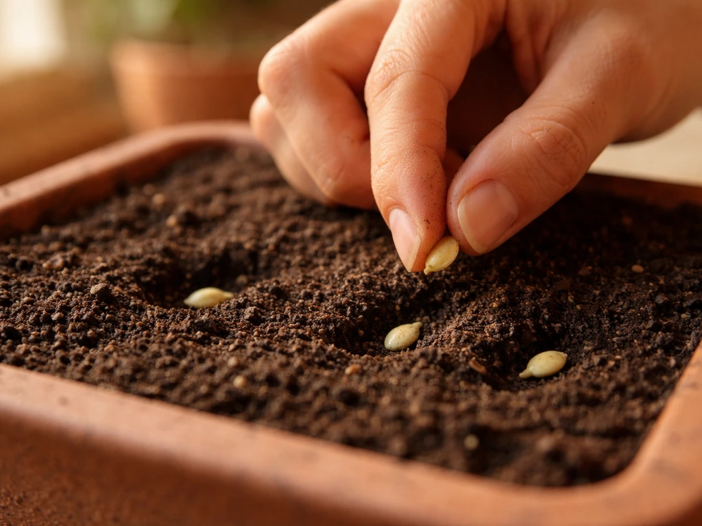 Close-up of tinda seeds being sown into warm starter soil in a small pot, ready to germinate