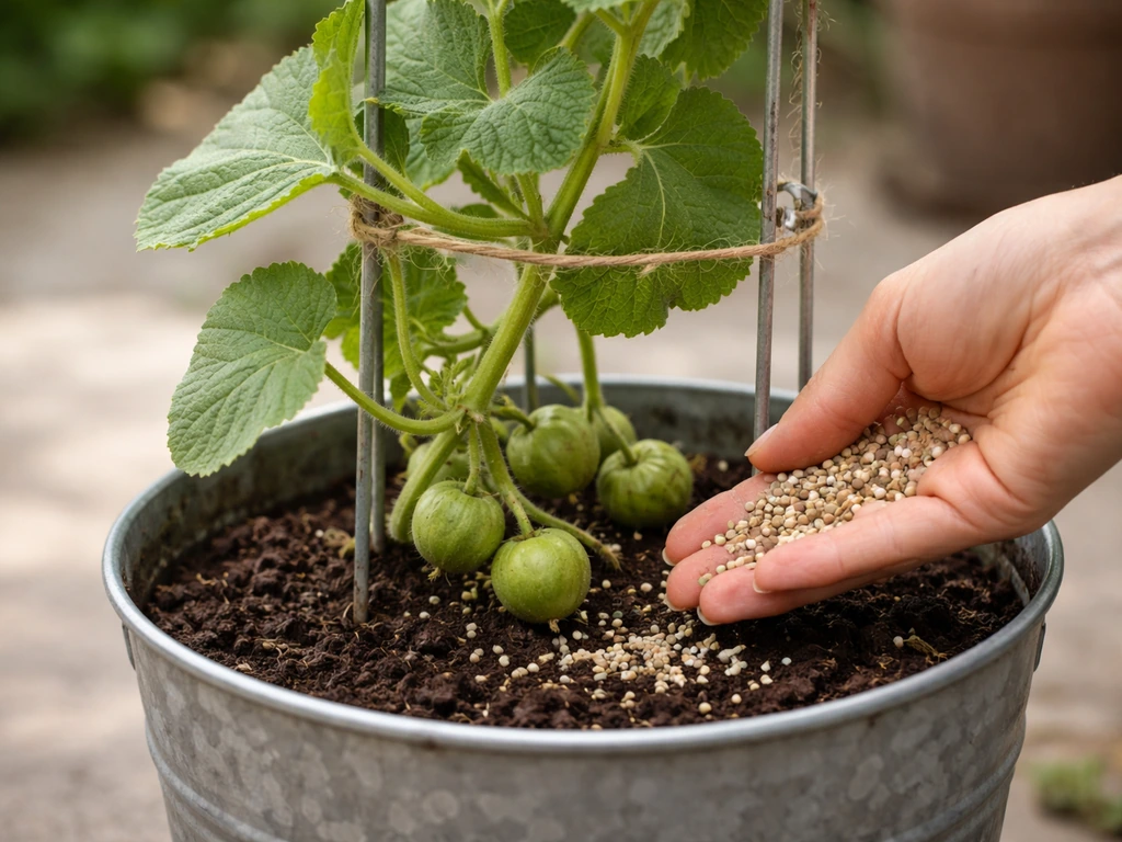 Green tinda vine trained on a small container trellis with small fruit and a hand sprinkling granular fertilizer