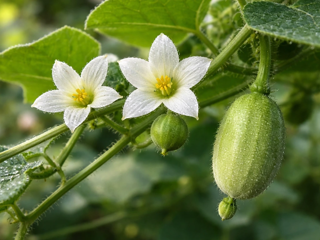 Close-up of male and female tinda flowers on the vine with a small developing fruit nearby.