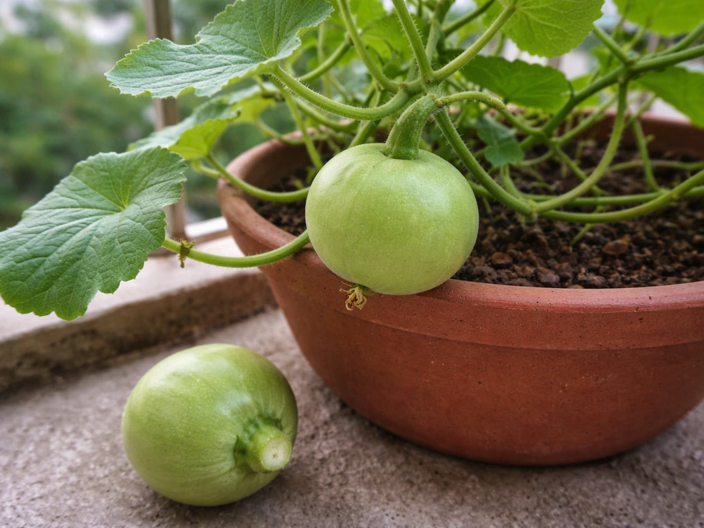Harvest-ready pale-green tinda fruit on a potted vine with a freshly cut fruit beside it.