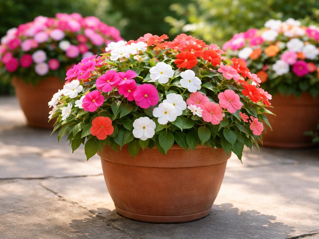 Lush vibrant Sunpatiens cascading with blooms in a terracotta patio pot near a window