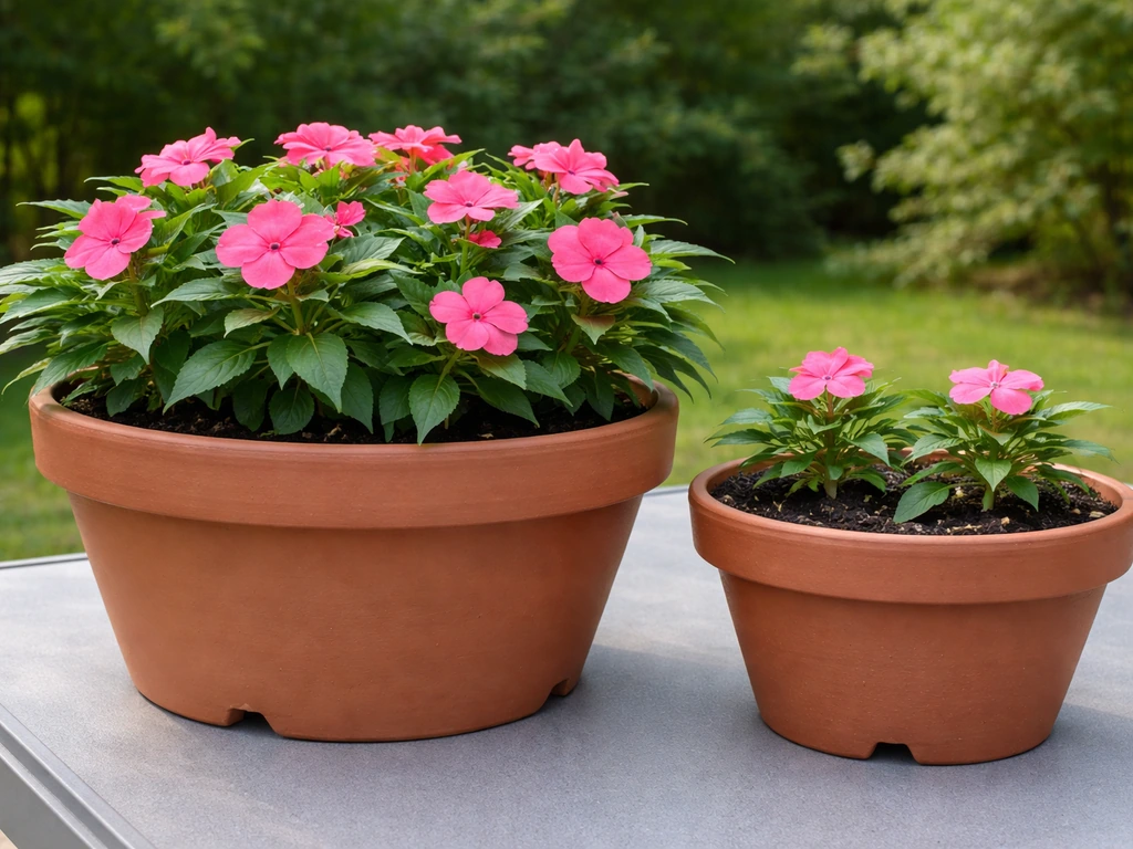 Side-by-side pots showing larger container with more Sunpatiens and smaller one with fewer plants