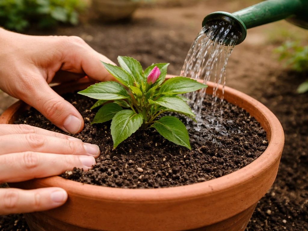 Hands placing a Sunpatiens transplant into a pot, gently firming soil and watering in natural light.