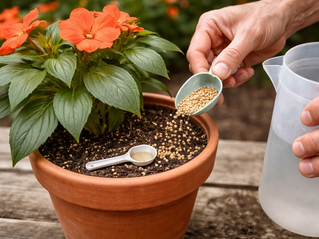 Gardener hands sprinkling fertilizer into a potted sunpatiens plant, blooms softly blurred in background.
