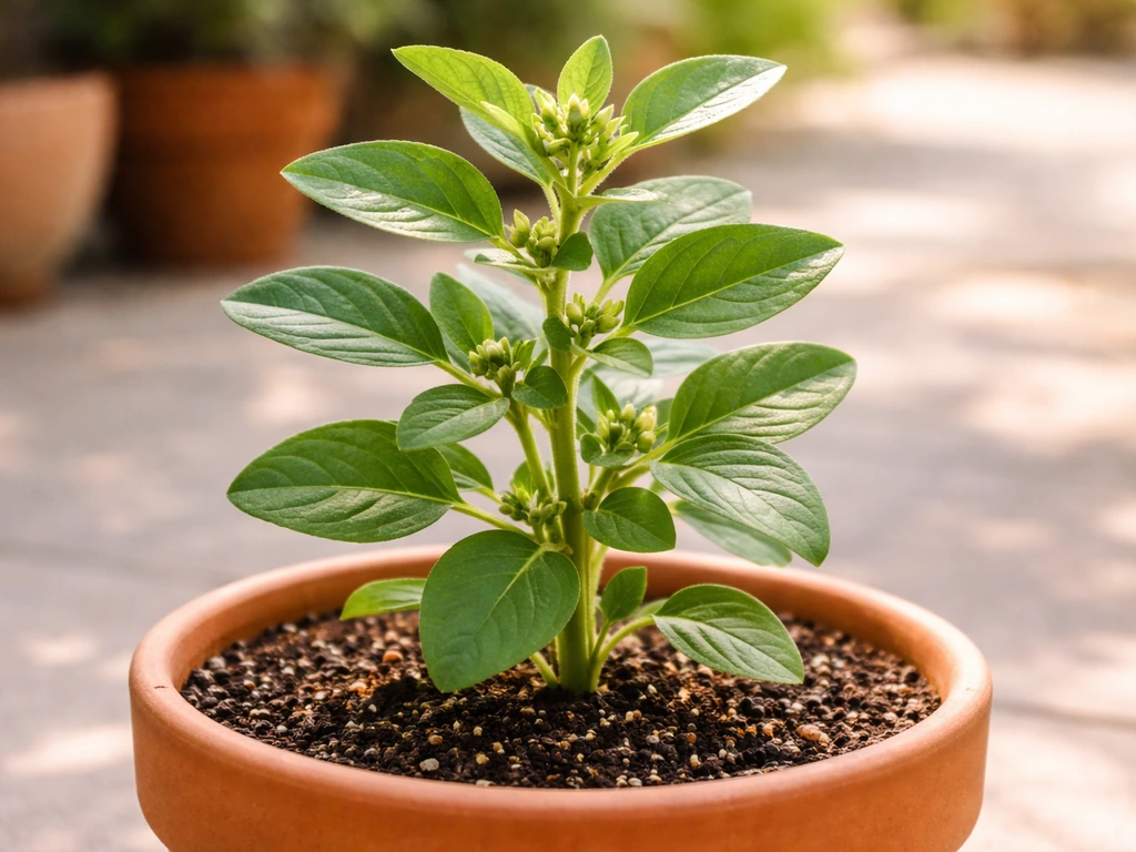 Ashwagandha plant in a terracotta pot on a sunny patio, showing healthy green leaves and potted setup.