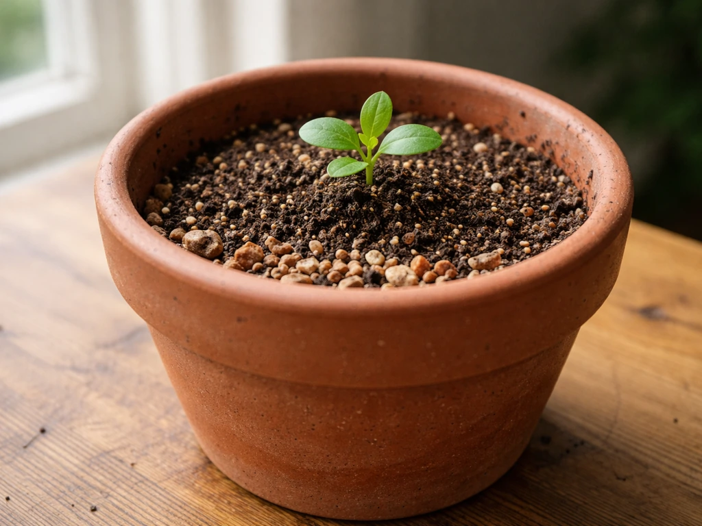Close-up of a potted ashwagandha setup showing drainage holes and a coarse layer over potting mix.