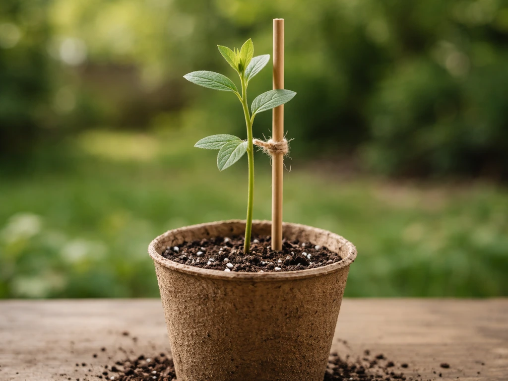 Young ashwagandha in a container supported by a bamboo stake, with soil and soft greenery background.