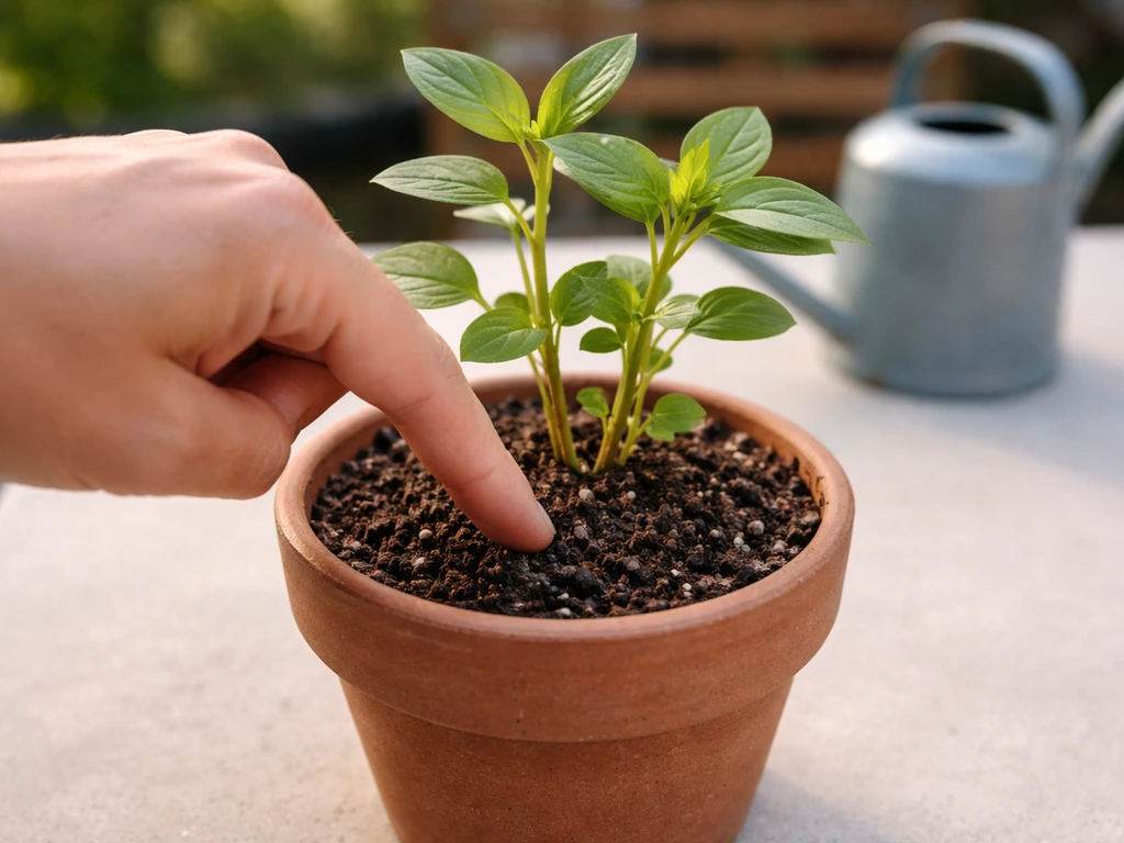 Hand checking soil moisture in a small ashwagandha pot to prevent root rot