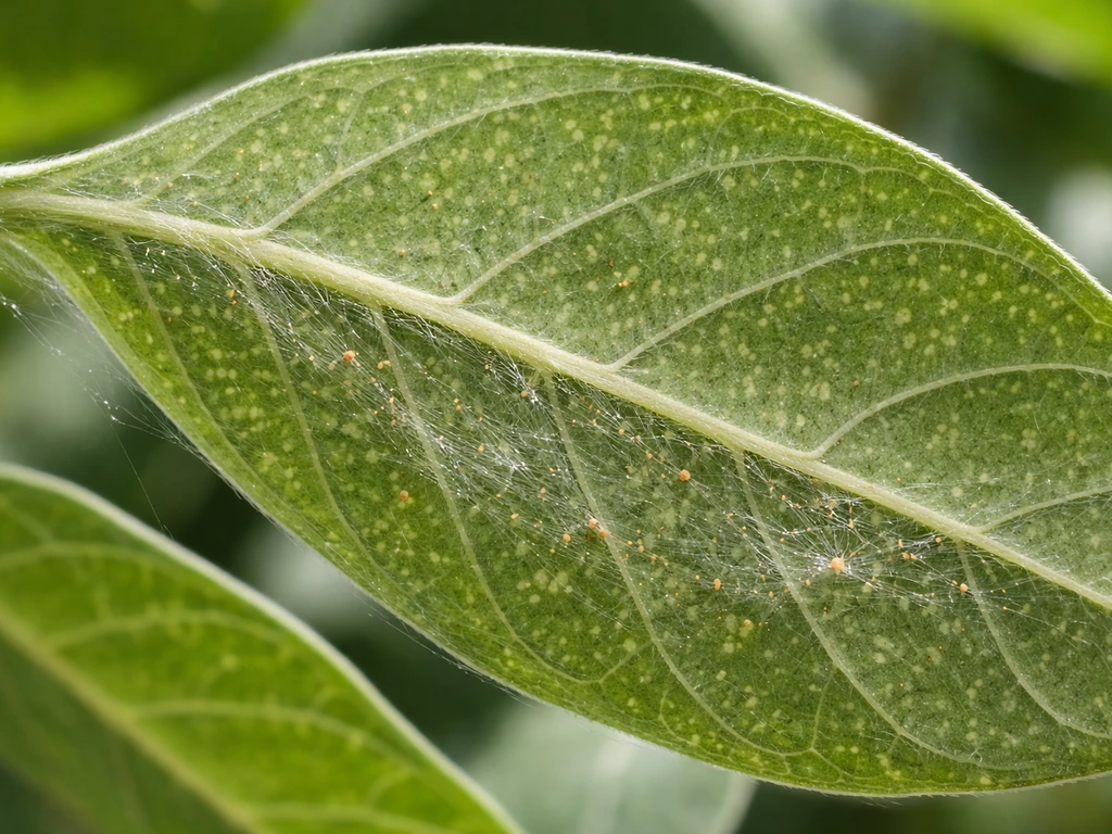 Macro view of ashwagandha leaf underside showing spider-mite webbing and fine stippling damage.