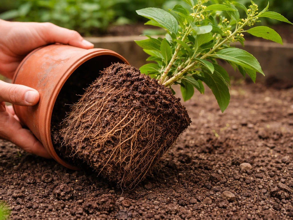 Ashwagandha plant root ball being slid out of a pot on soil, ready to rinse and process.