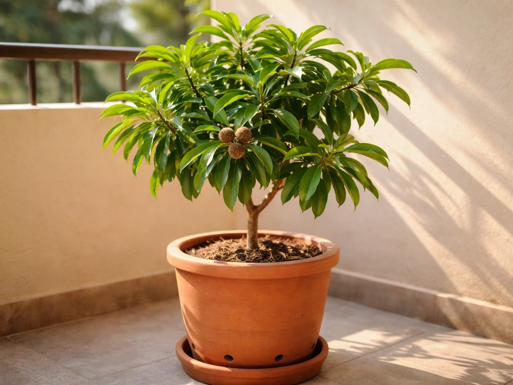 Healthy sapota (chiku) tree in a large pot on a sunny balcony, with a few young fruits visible.