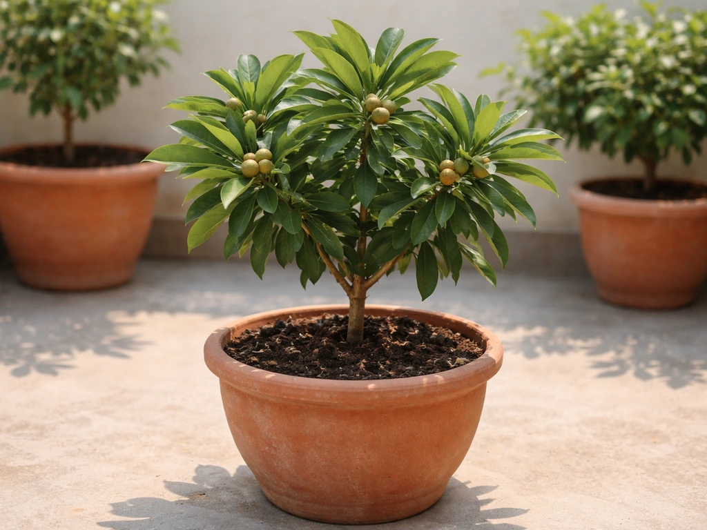 Compact sapota (chiku) saplings in terracotta pots with small green leaves and a few fruit buds