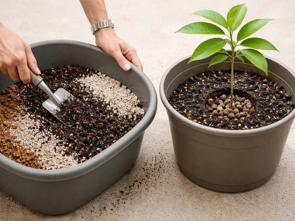 Hands mixing soil components and placing a sapota sapling into a container with visible drainage layer.