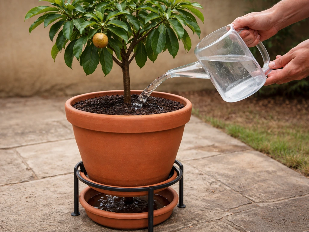 Hands watering a container sapota; deep soak with runoff draining into a catch tray.