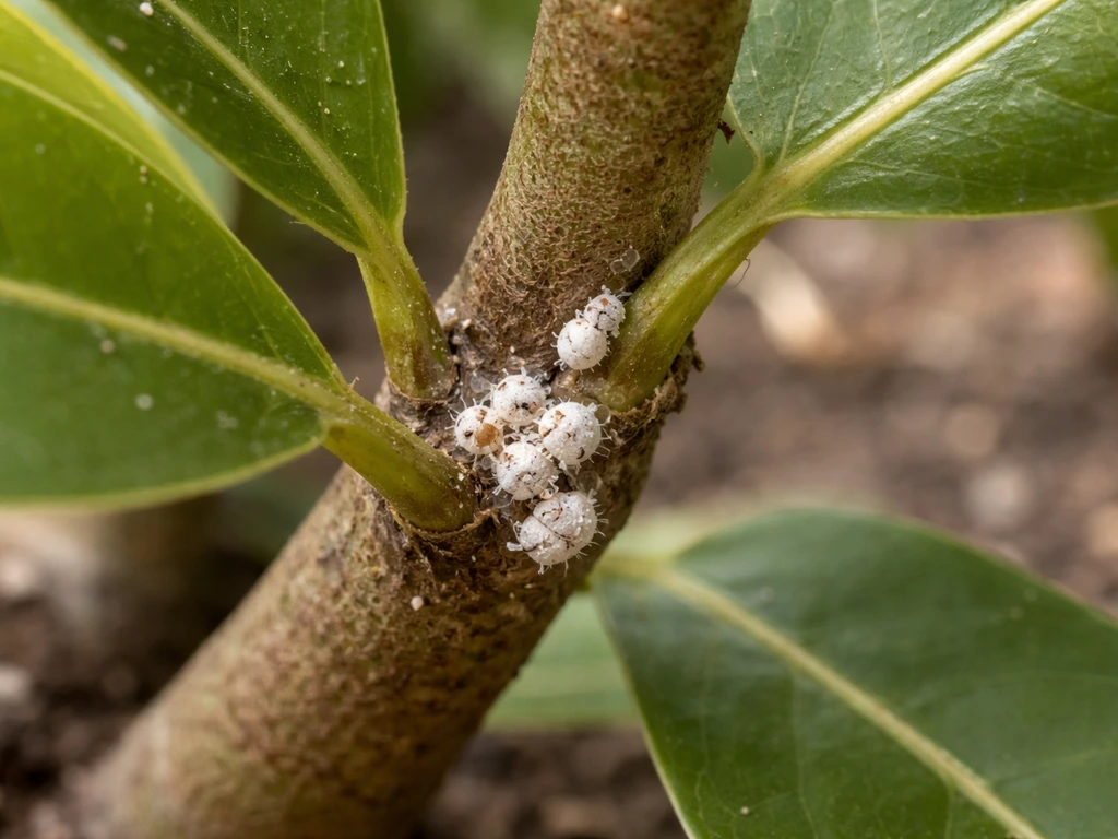 Close-up of white cottony mealybug clusters hiding in a sapota leaf axil on a container plant
