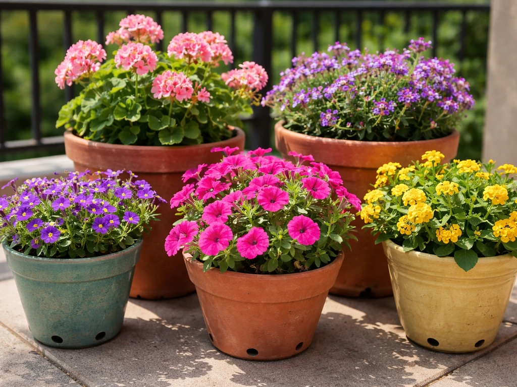 Colorful flowering plants thriving in different pots on a sunny patio balcony