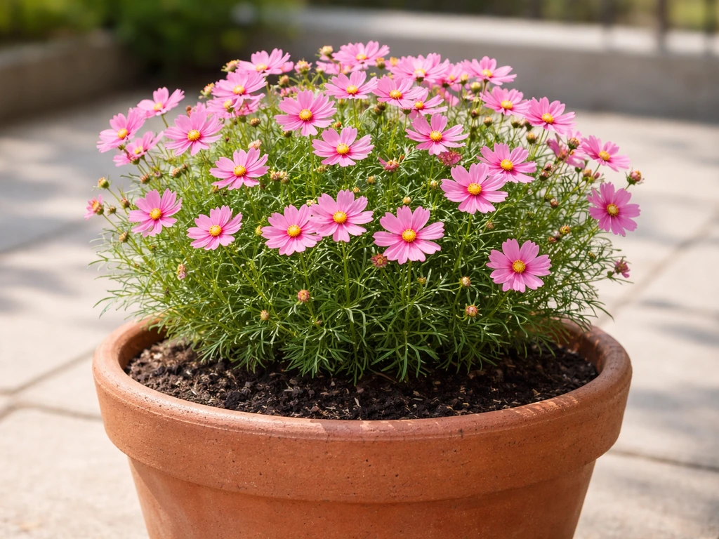 Compact pink cosmos blooms in a terracotta pot on a sunny patio balcony