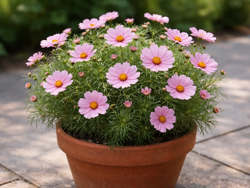 Close-up of a compact pink cosmos plant in a pot, showing dense growth and pink daisy-like blooms.