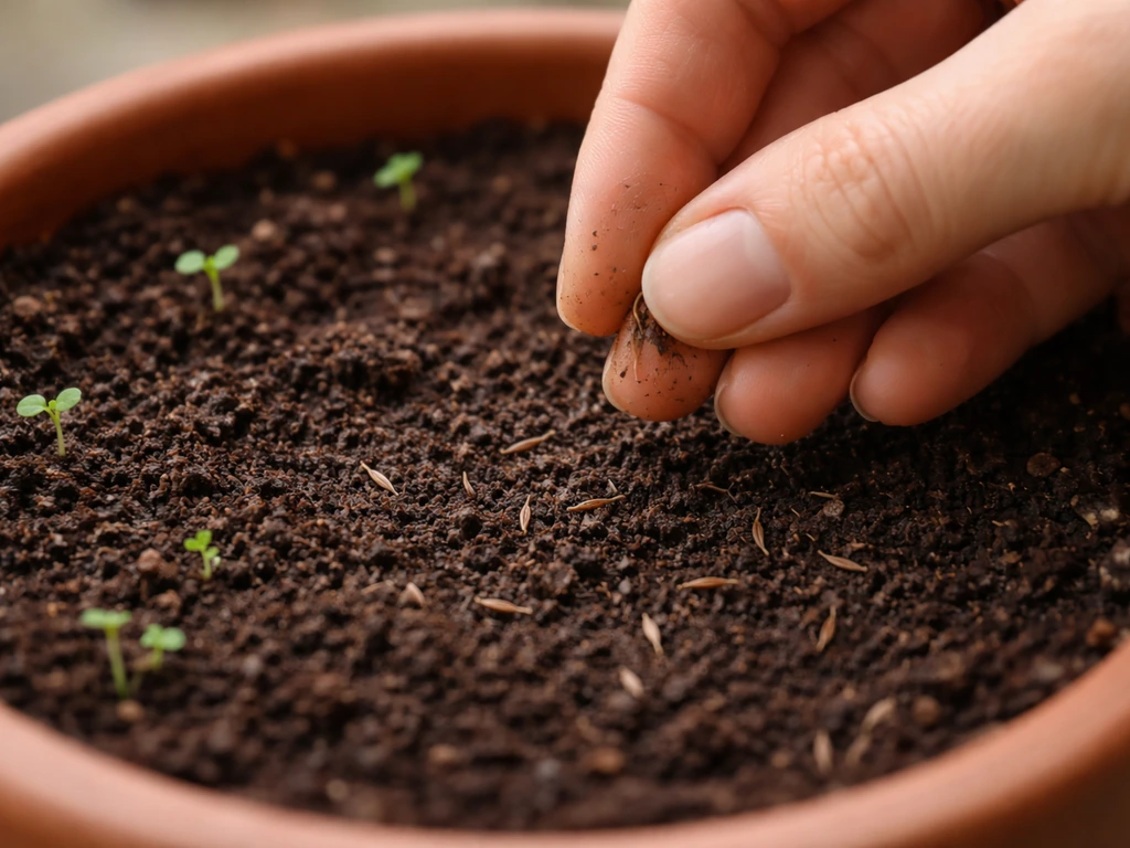 Hand sowing cosmos seeds into a pot with barely covered soil and tiny seedlings emerging.