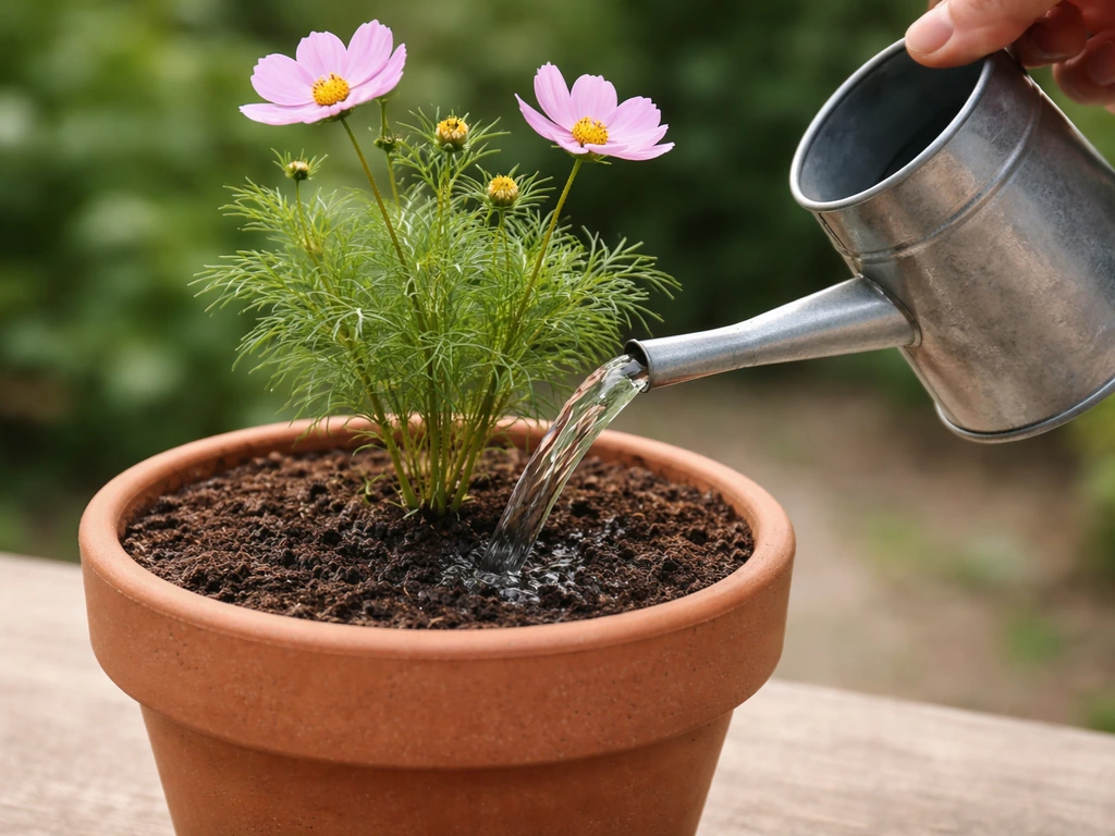 Hand watering a potted cosmos plant at the soil line, wet dark soil visible near the roots.