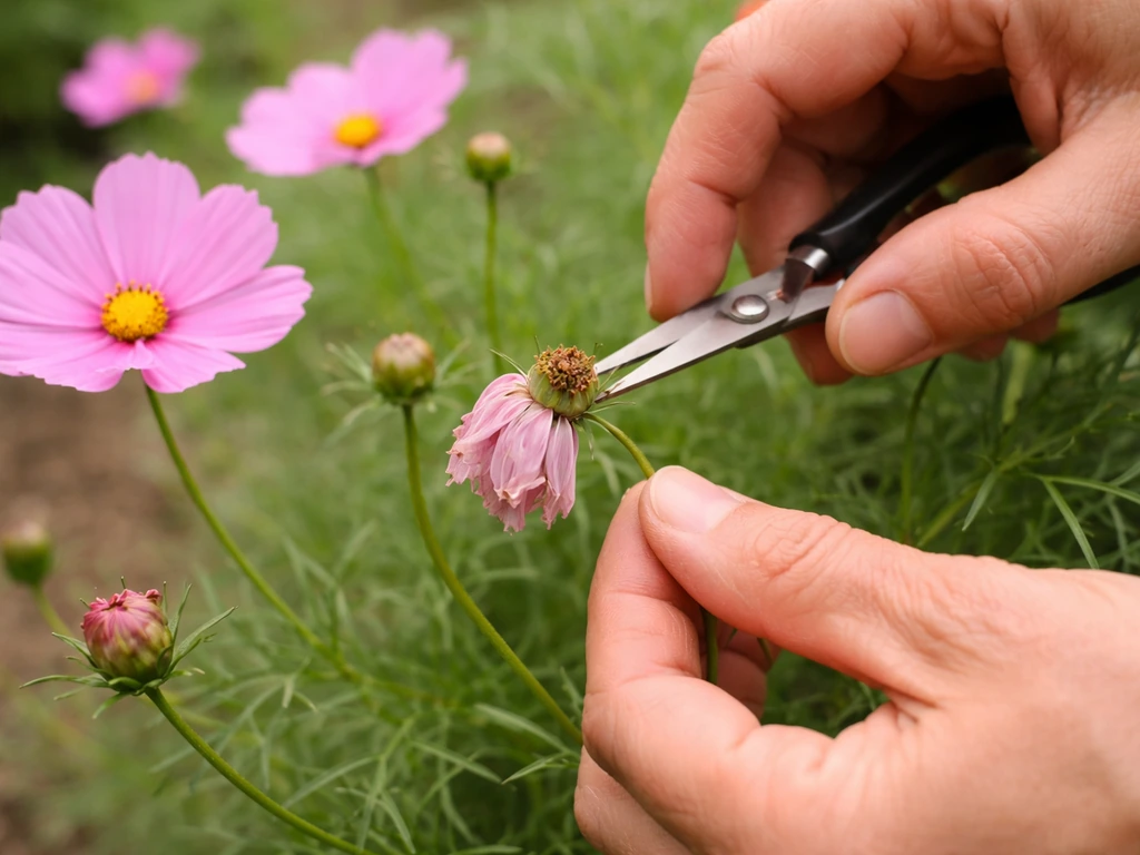 Close-up of hands deadheading a faded pink cosmos flowerhead with trimmed stems above fresh blooms