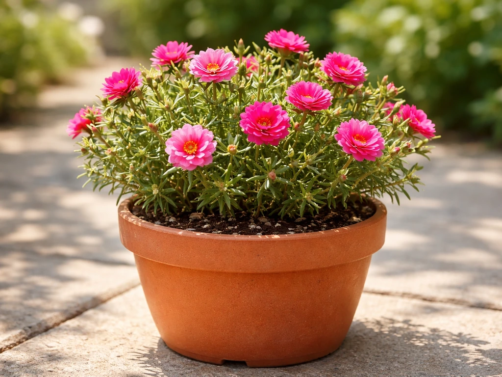 Vibrant portulaca (moss rose) in a terracotta pot on a sunny patio, showing succulent foliage and pink blooms