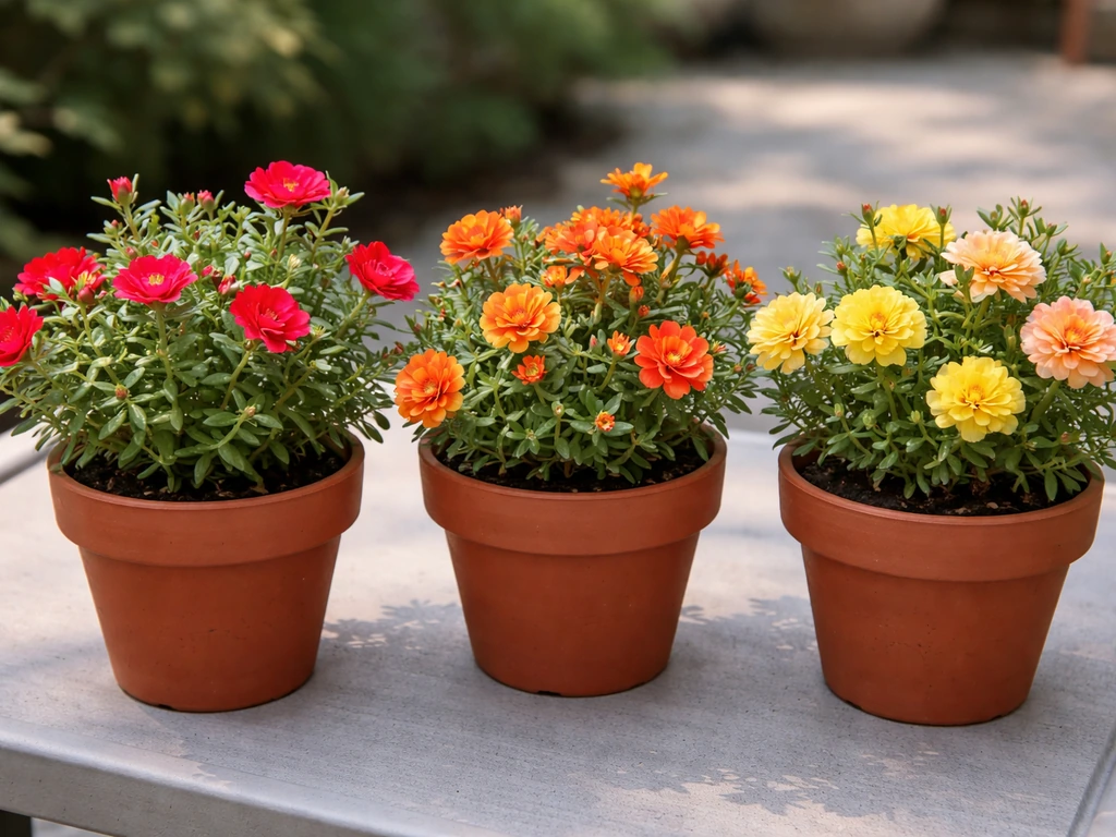 Close-up of potted moss rose portulaca showing single, semi-double, and double blooms in red, orange, and yellow.
